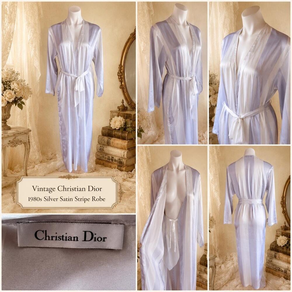 Vintage Christian Dior Silver Satin Stripe Robe 1980s Long Kimono Wrap Gown Sz M